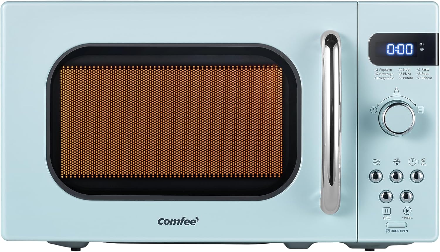COMFEE’ Retro Small Microwave Oven With Compact Size, 9 Preset Menus, Position-Memory Turntable, Mute Function, Countertop Microwave For Small Spaces, 0.7 Cu Ft/700W, Green, AM720C2RA-G COMFEE’ Retro Small Microwave Oven With Compact Size, 9 Preset Menus, Position-Memory Turntable, Mute Function, Countertop Microwave For Small Spaces, 0.7 Cu Ft/700W, Green, AM720C2RA-G