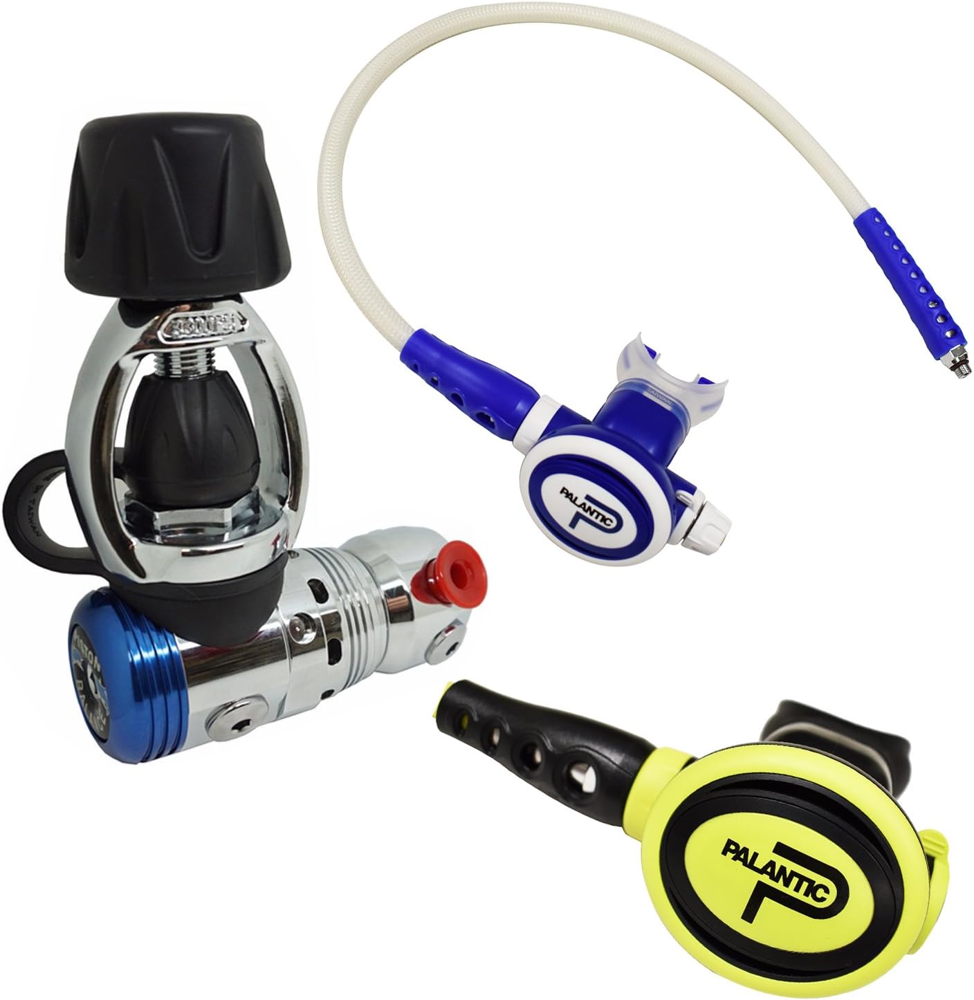 Palantic Scuba Regulator Set DIN/Yoke & AS2061 Octopus Combo – Nitrox Compatible Diving Regulator Package with Adjustable 2nd Stage 27" Hose and Non-Adjustable Octopus 36" Hose