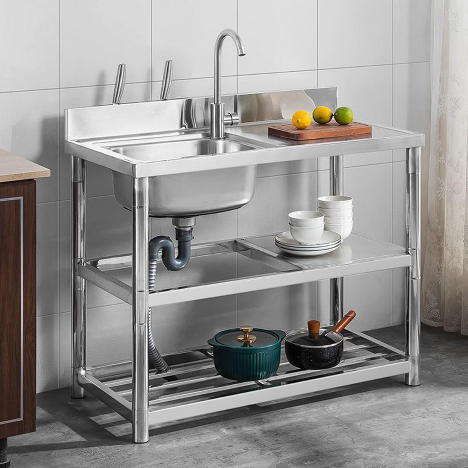 Évier sur pied en acier inoxydable avec 1 bac (gauche) 80 x 50 x 80 cm - Évier commercial avec conduite d'eau chaude et froide - Robinet et bonde - Pour extérieur, intérieur, cuisine, salle à