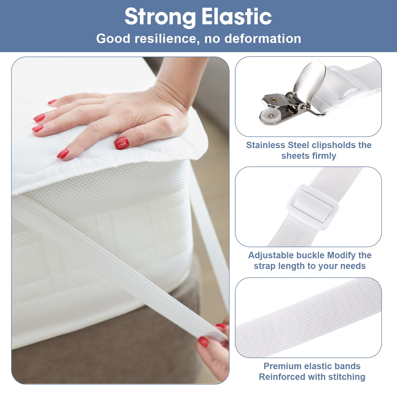 Carehabi 8 Piezas Sujetadores para Sábanas, Sujetadores de Hojas, Ajustables Elásticos Correas Cama Clips para Sábanas o Sofás, Blanco (Extender 30-120 cm)