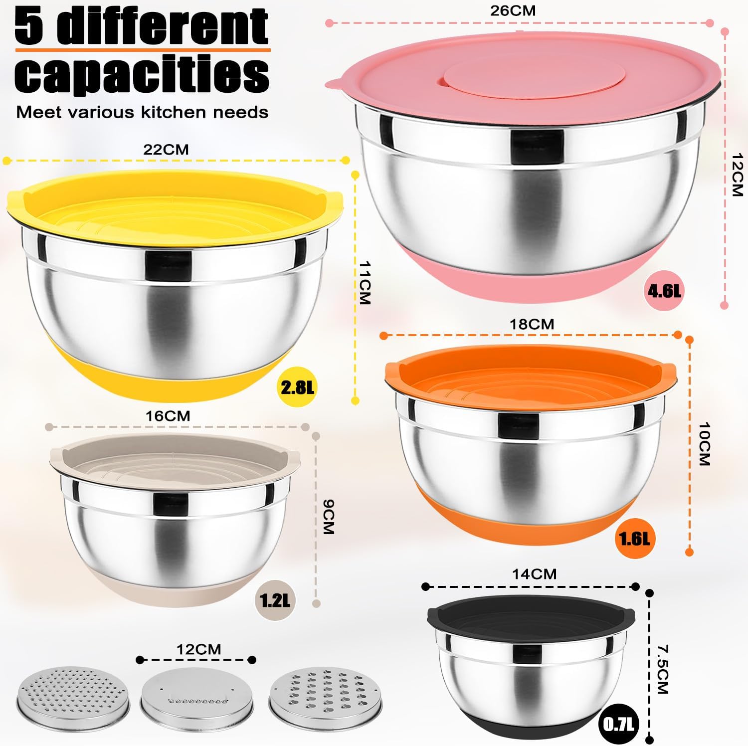 5-Piece Stainless Steel Mixing Bowls Set with Lids, Non-Slip Silicone Base & 3 Grater Attachments – Stackable, Dishwasher Safe for Baking & Meal Prep