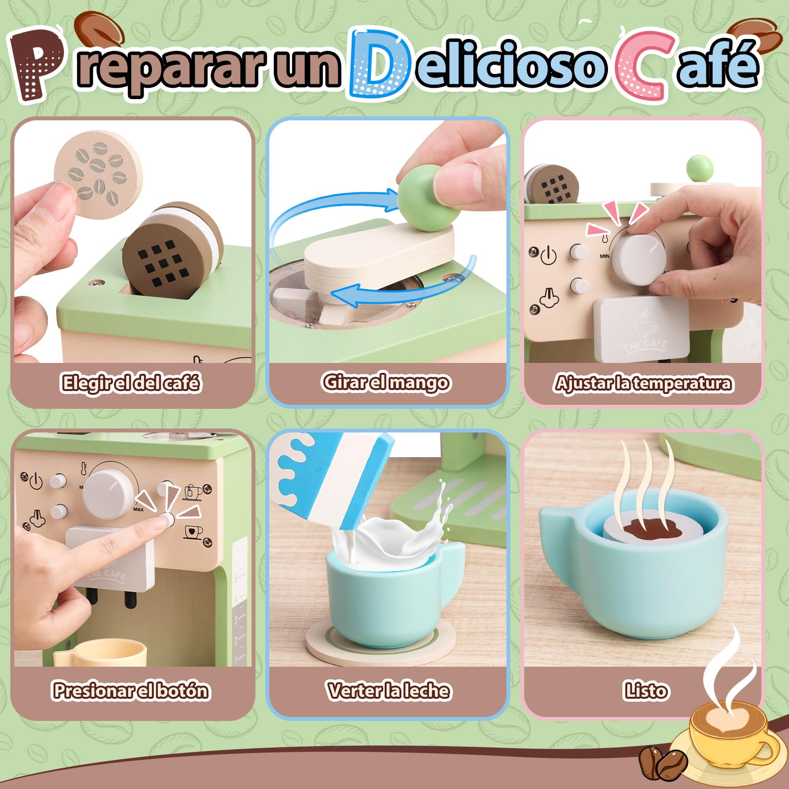 VBACALA Set de Juguetes de Cocina para Niños, Máquina de Café de Madera con Sonido y Botones, Accesorios de Cocina para Niños, Pastel y Croissant de Tela, Regalo Adecuado para 3+ años