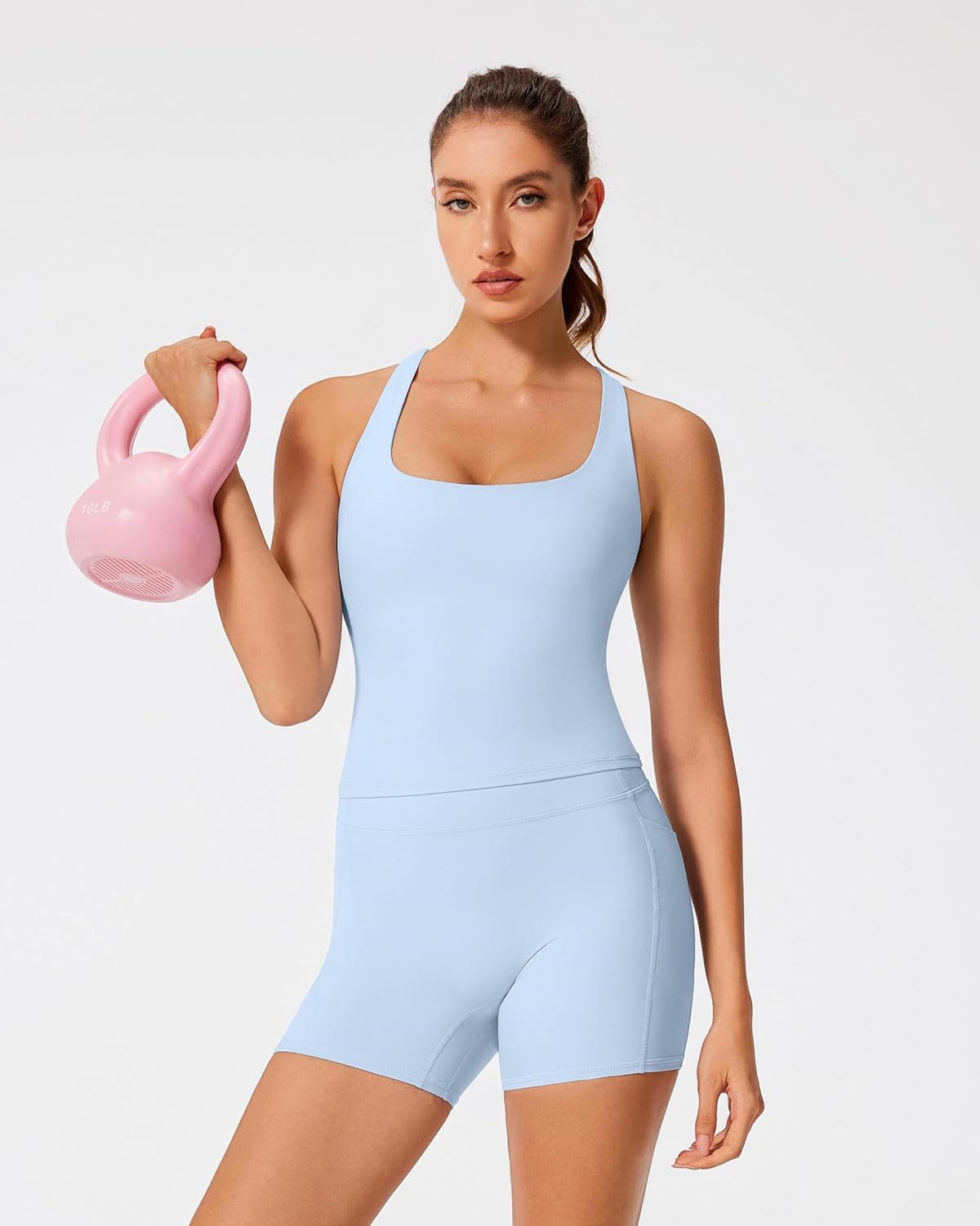 RXRXCOCO Racerback Workout Sets for Women 2 Piece Padded Scoop Neck Tank Tops Hidden Scrunch Booty Shorts with Pockets - Image 5