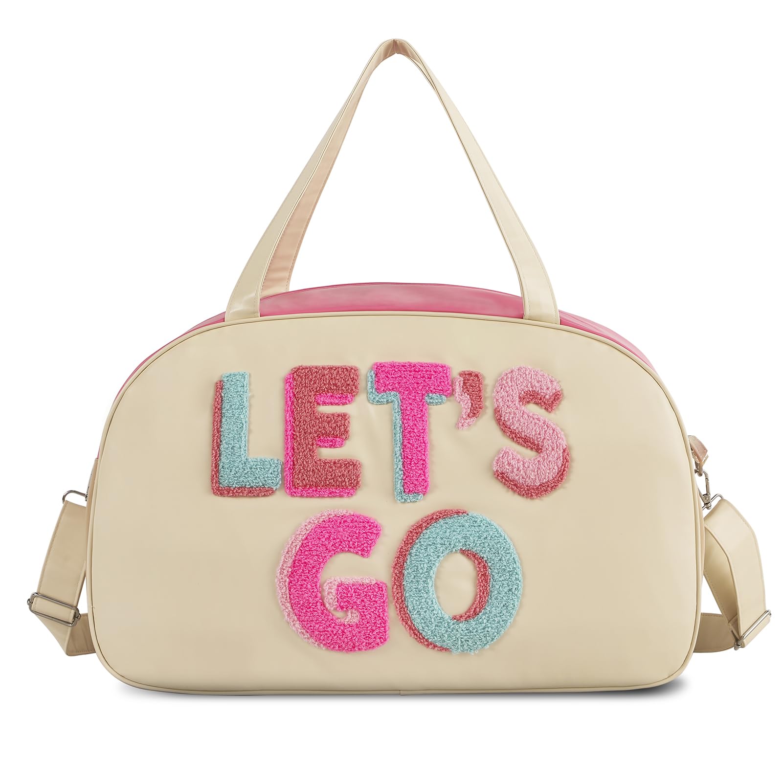 DYSHAYEN Chenille Letter Travel Duffle Bag Large PU Leather Weekender Overnight Bag for Women Carry on Bags Travel Tote（Let's Go）