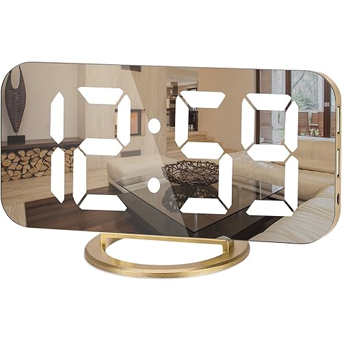 Ygdigital Digital Alarm Clock,6.5 Inch LED Mirror Electronic Clocks,with 2 USB Charging Ports,3 Adjustable Brightness, Snooze,12/24H, for Bedroom Home Office (Gold)