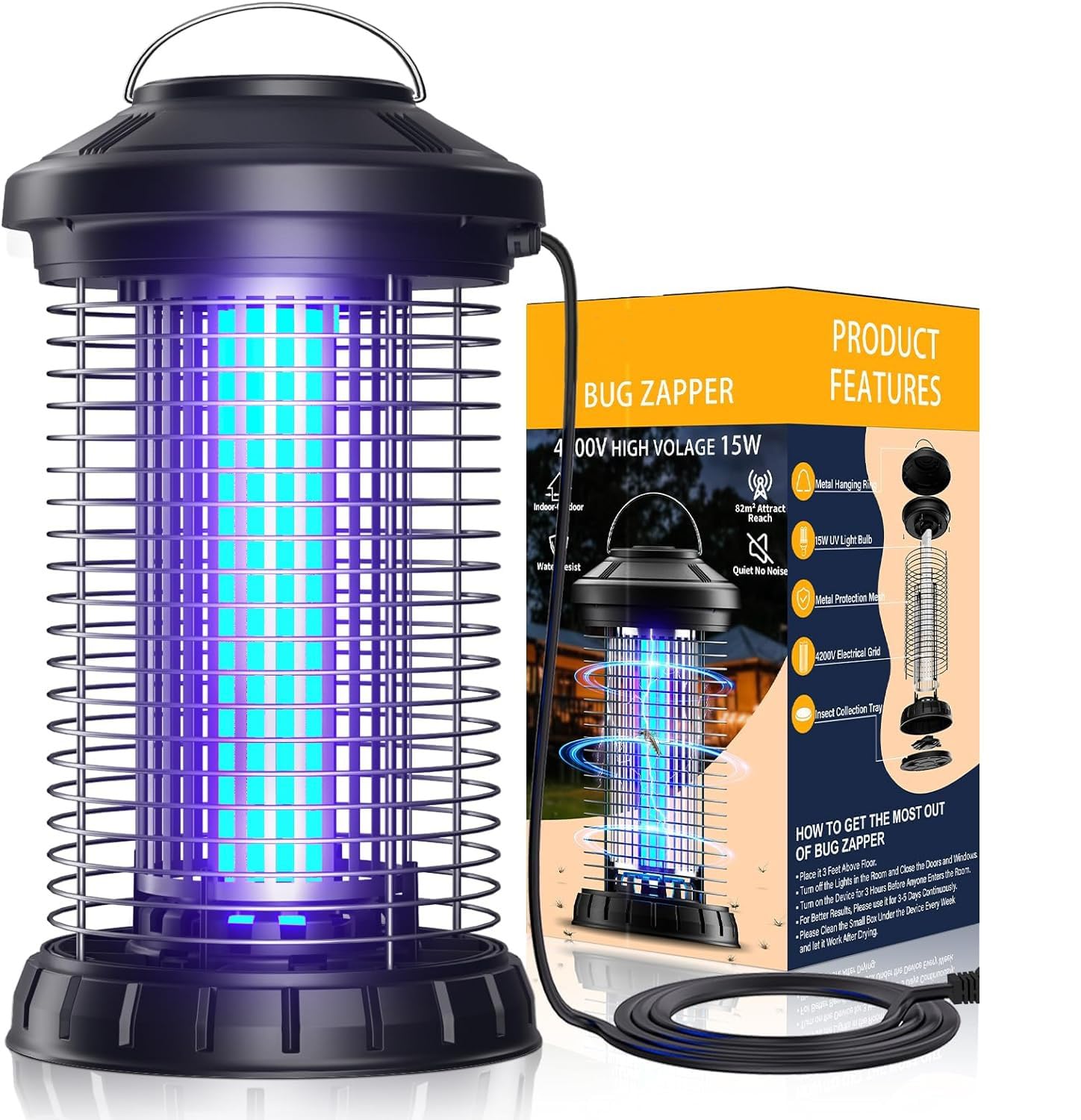 NEW Electric Mosquito Zapper, Powerful 4200V Bug Zapper Insect Killer, Mosquito Lamp,Light-Emitting Flying Insect Trap for Indoor, Backyard, Farm (Black-4)