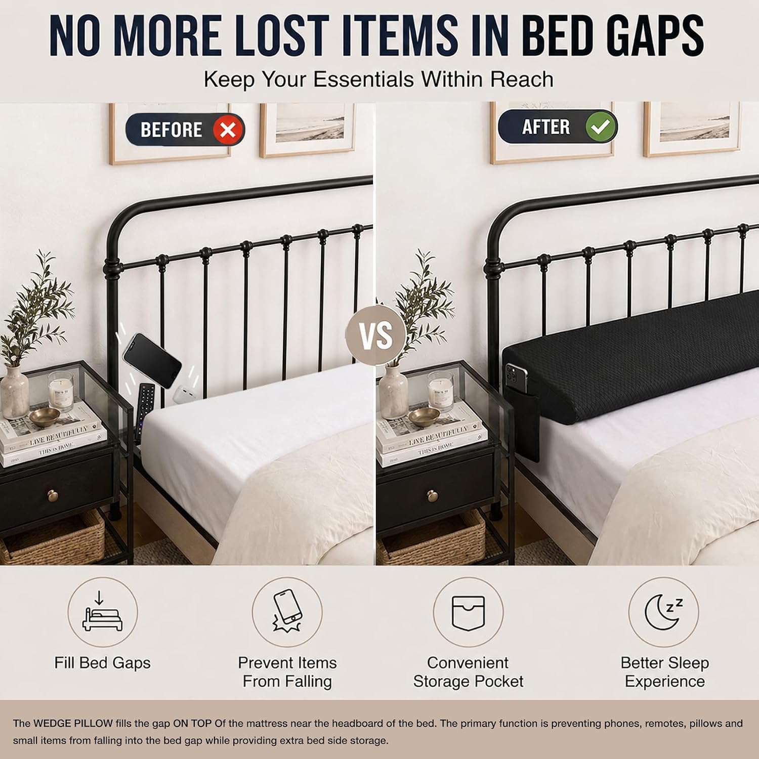 Queen Size Bed Wedge Pillow for Bed Gap Filler/Headboard Gap Black Long Triangle Edge Corner Pillows with Pockets,Dense Foam,Prevents Queen Pillow/Small Stuff Drops House Home Decor Beds Accessories