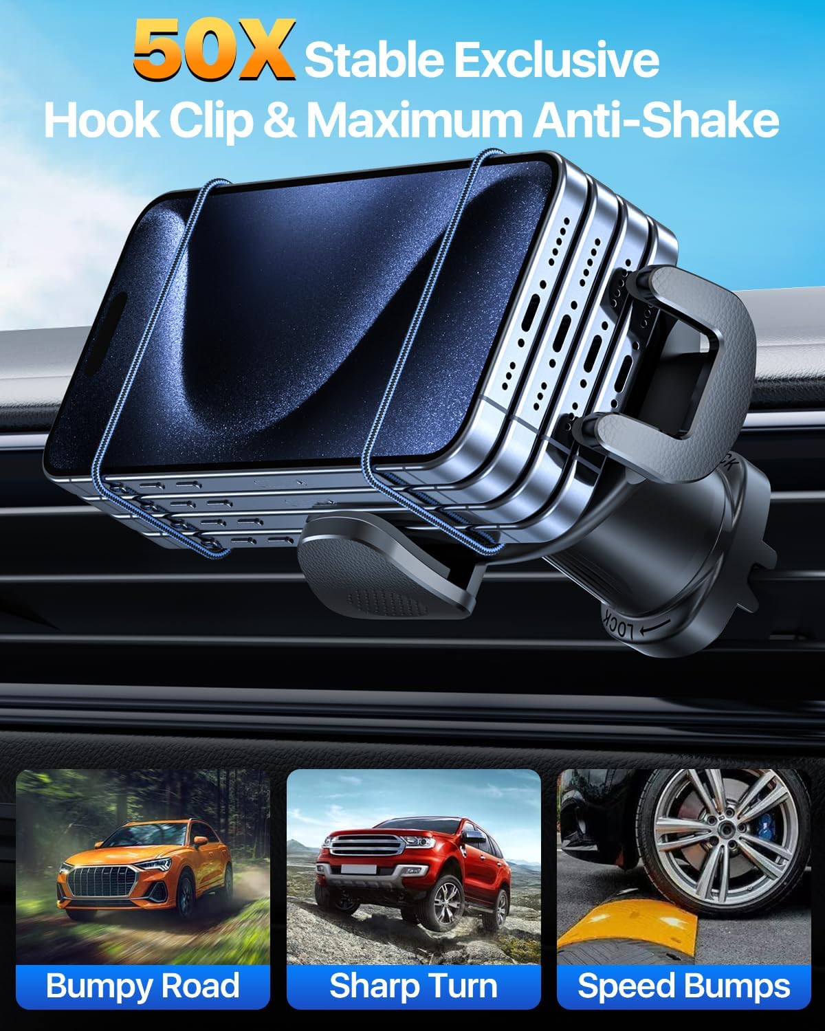 HTU 【Military-Grade Car Phone Holder,【Strongest & Longest Steel-Hook】 Car Vent Mount, Handsfree 360° Adjustable Automobile Cradle Air Clip Stand for iPhone 17 16 15 14 Pro Max Samsung,Sapphire Blue