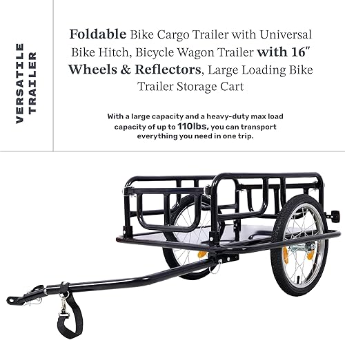 Miniatura 5 de Remolque de carga plegable para bicicleta con enganche universal, capacidad de 110 libras, remolque de bicicleta con ruedas y reflectores de 16