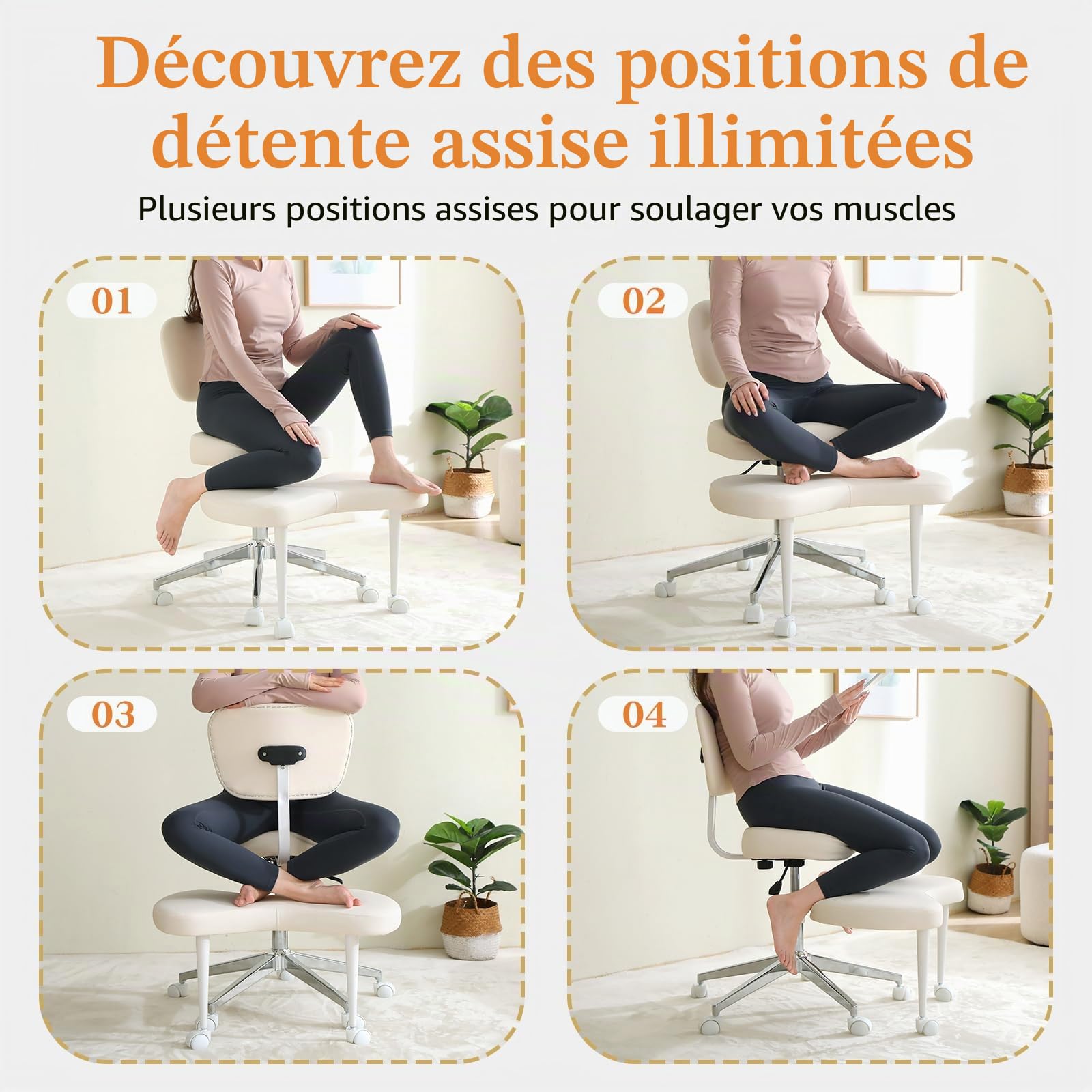 Chaise de méditation ergonomique pour plusieurs positions assises, chaise ADHS avec support lombaire et roulettes, hauteur réglable, chaise genoux parfaite pour les amateurs de yoga, chaise