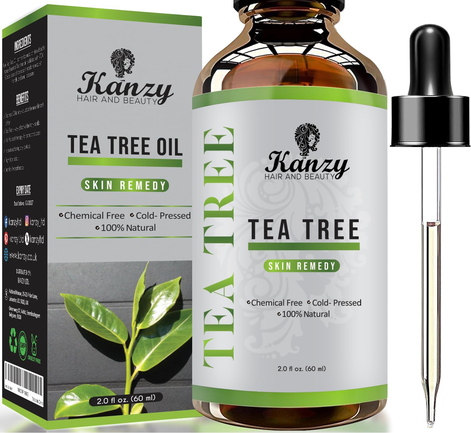Kanzy Teebaumöl Naturrein 60ml mit Pipette Kaltgepresst Tea Tree Oil für Gesicht, Haut, und Nagel Anti Pickel, Haaröl, Akne Öl, Acne Serum gegen Unreine Haut, Öle für Diffuser