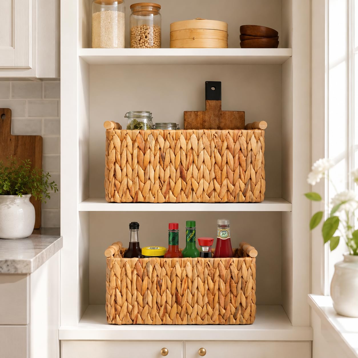 JS HOME Handwoven Water Hyacinth Storage Baskets Set of 4, Decorative Organizer Bins with Wooden Grip Handles for Bathroom, Pantry, Shelf, Entryway & Home Organization