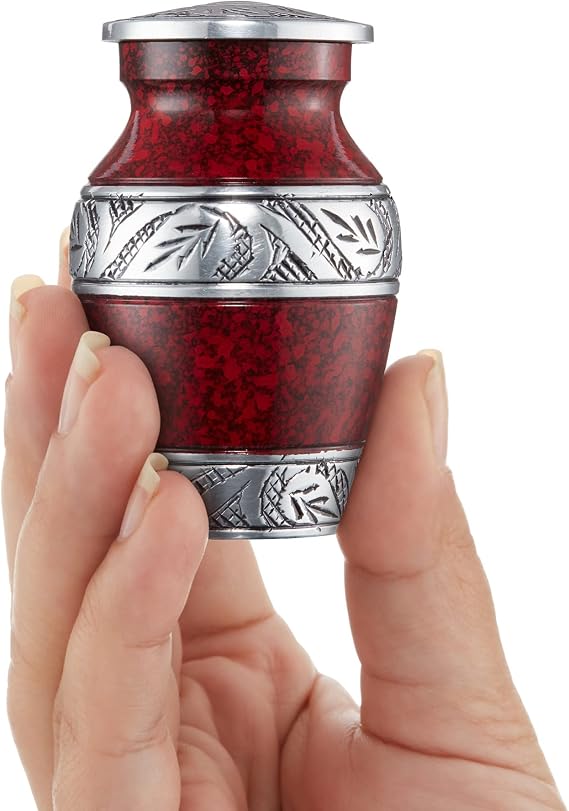 Reminded Small Cremation Keepsake Urns for Human Ashes, Set of 4 Red and Silver Miniature Urns with Velvet Case and Bags