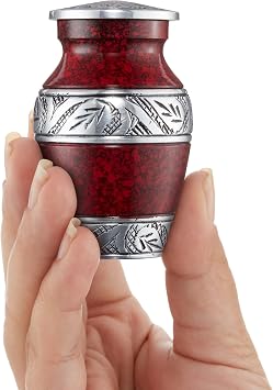Reminded Small Cremation Keepsake Urns for Human Ashes, Set of 4 Red and Silver Miniature Urns with Velvet Case and Bags