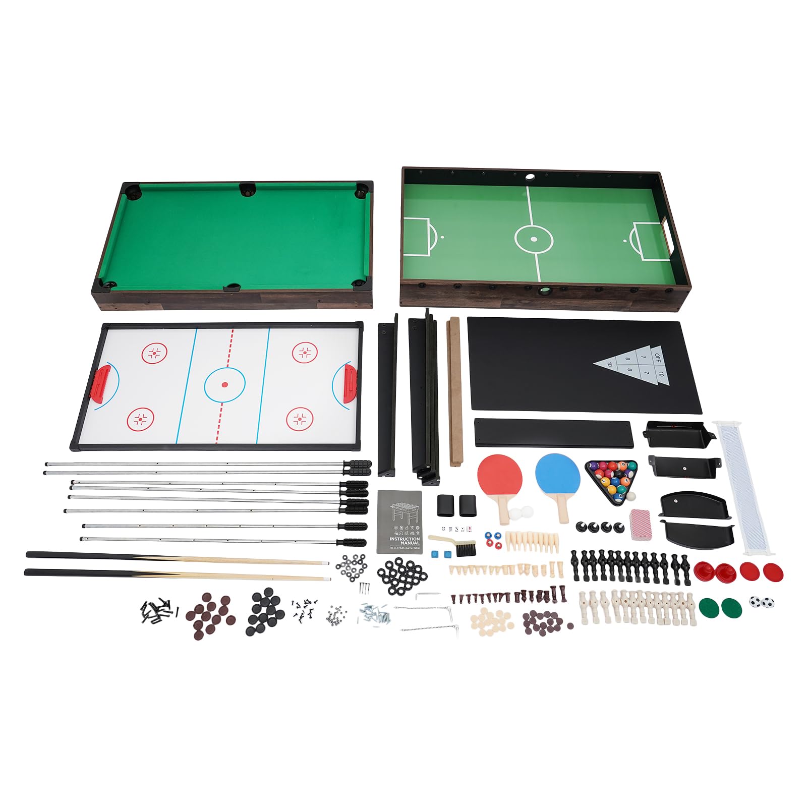 10 in 1 Multifunktionstisch Spieltisch, Kombi Spieltisch für Kinder und Erwachsene inkl. Kickertisch, Billard, Tischtennis und Slide Hockey, Familienspiele Platzsparend, 122x60x80 cm