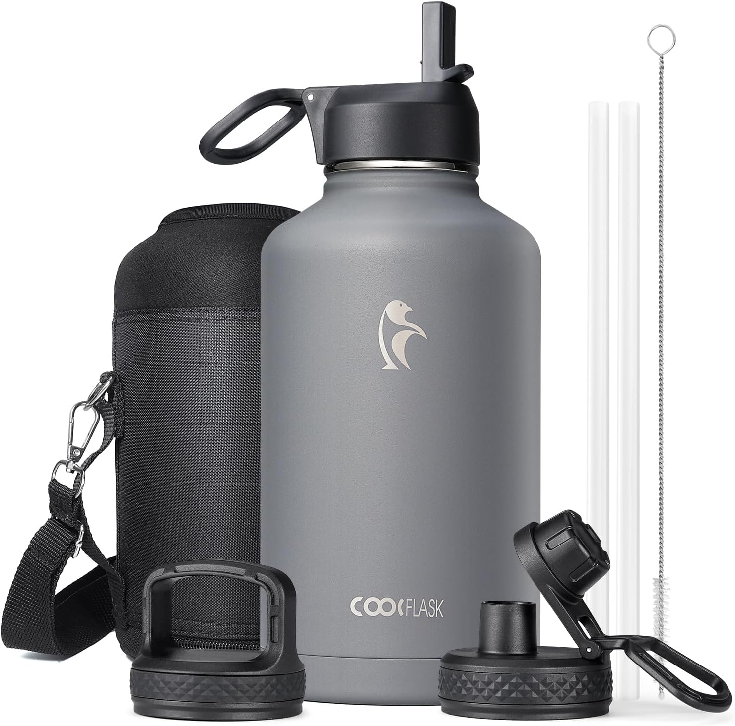 Coolflask 64 oz Insulated Water Bottle with Straw & 3 Lids, Half Gallon Water Jug Large Metal Stainless Steel Wide Mouth for Sports, Gym or Office, BPA-Free Keep Cold 48H Hot 24H, Knight Grey