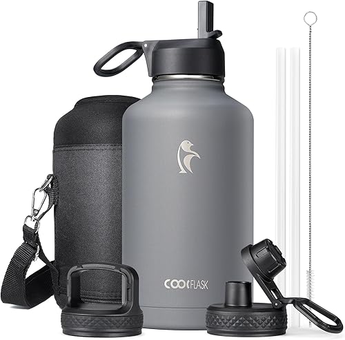 Miniatura 30 de Coolflask - Botella de agua de 64 onzas aislada, con popote y 3 tapas, de acero inoxidable con boca ancha, libre de BPA, mantiene las bebidas frías