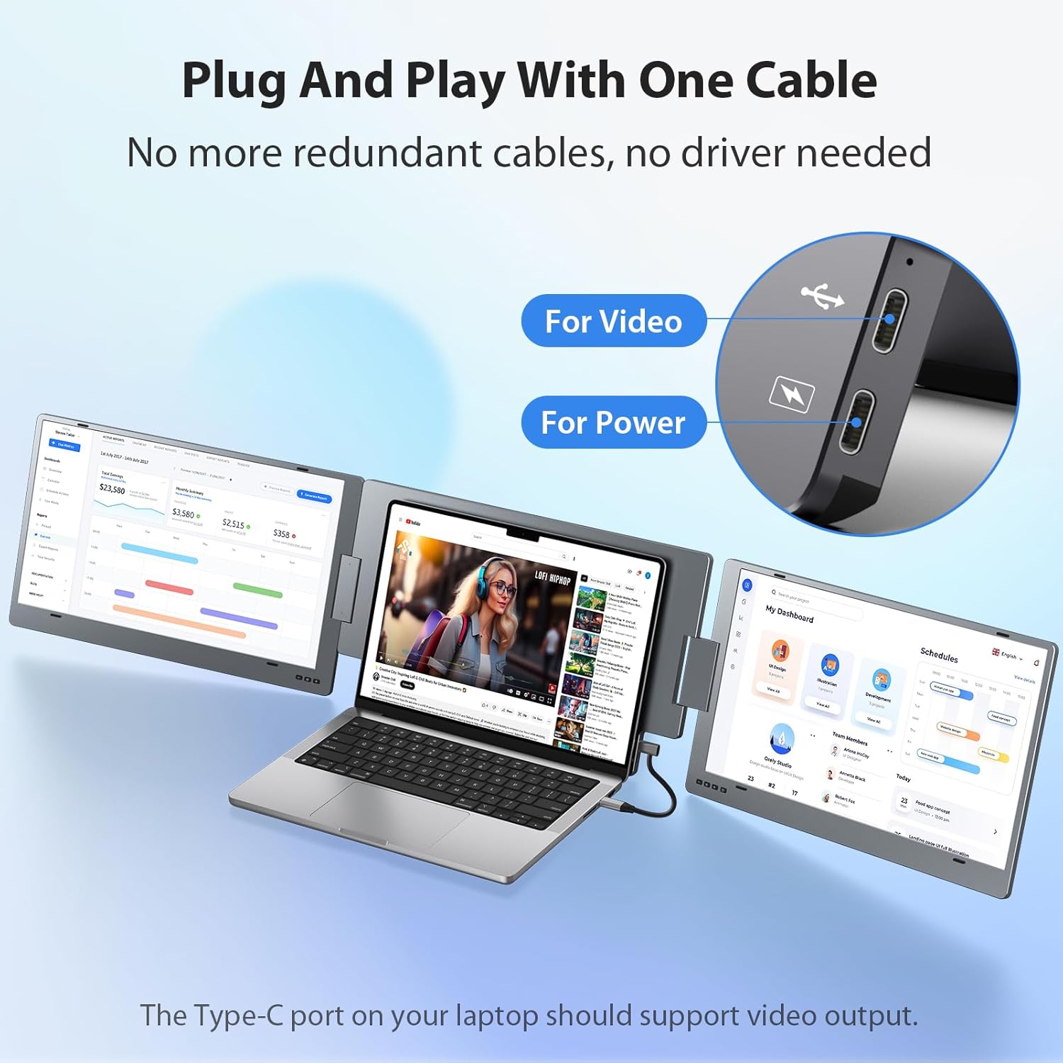 KYY Triple Laptop Screen Extender, 15.6" 1080P FHD IPS Dual Portable Extended Monitor, USB C Travel Display for 12-17'' Laptop, 210°Rotation & Kickstand, Plug and Play (Windows Only) - Image 3