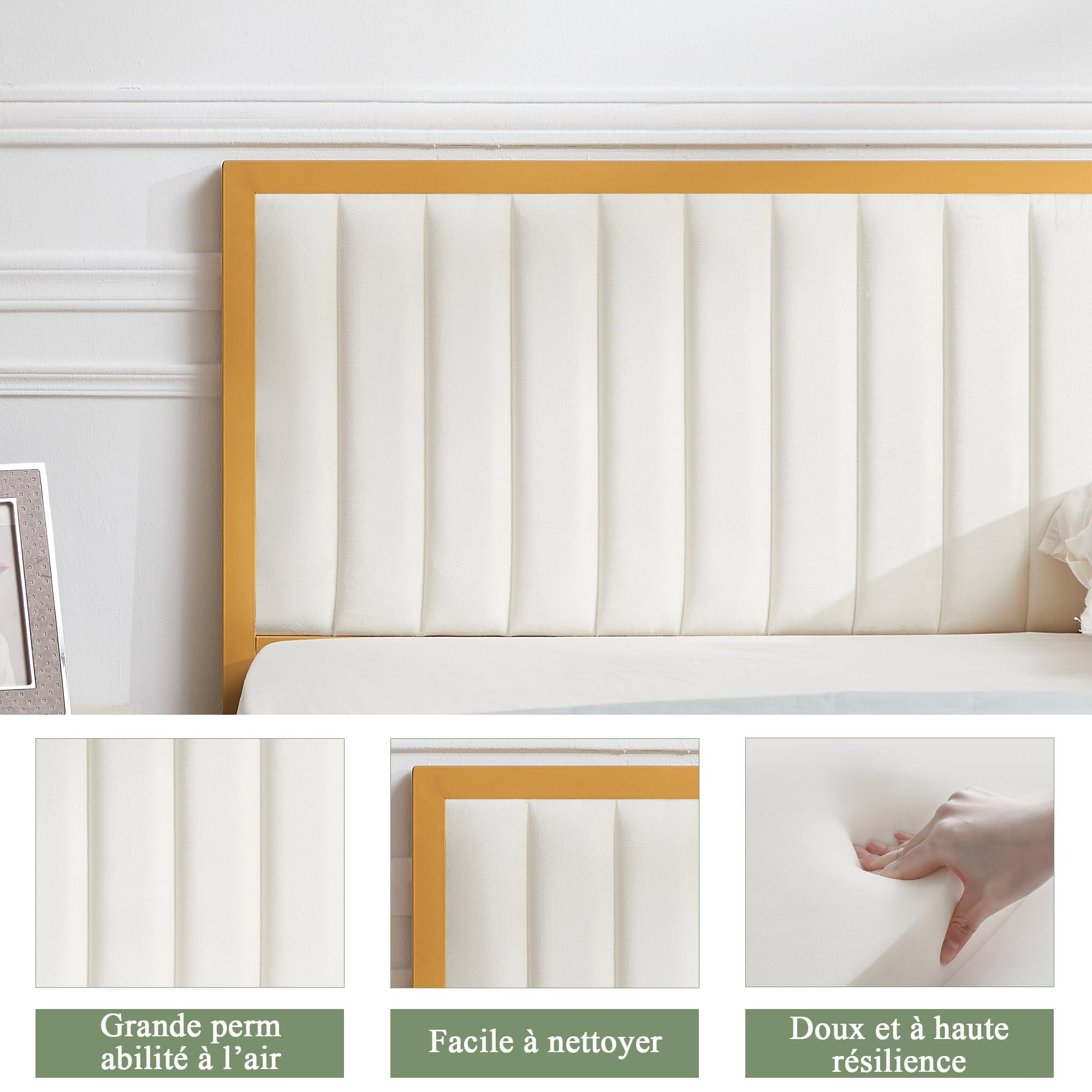VECELO Letto matrimoniale imbottito 140 x 190 cm, piattaforma, supporto a doghe in legno solido, nessuna rete imbottita necessaria, tessuto vellutato, facile da montare, beige
