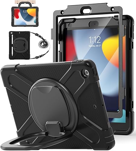 BATYUE - Funda para iPad de 8 y 7 generación (iPad de 10.2 pulgadas) resistente con protector de pantalla, soporte giratorio, asa, soporte para tapa