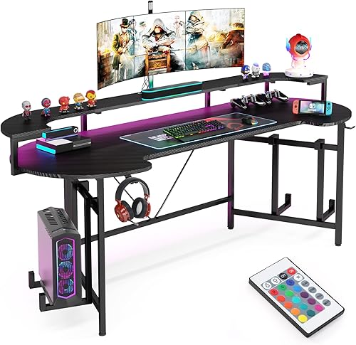 Miniatura 9 de Tribesigns Escritorio LED para juegos con estante para monitor, escritorio grande de 75 pulgadas, escritorio para computadora de PC, estación de