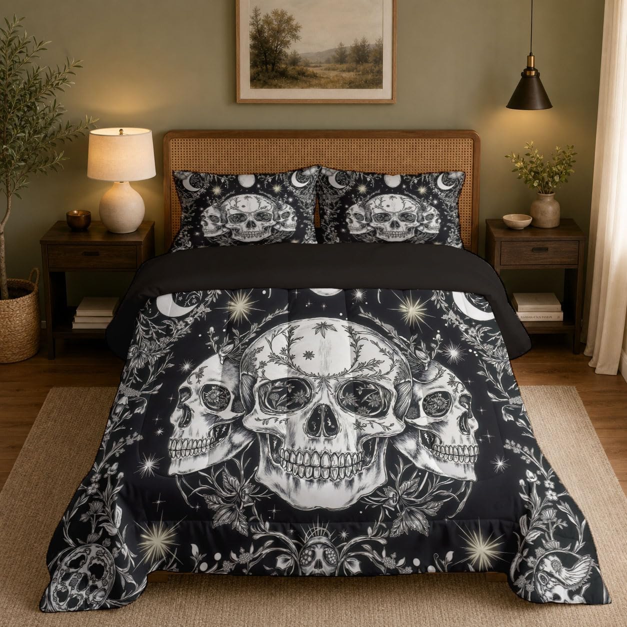 Gothic Style Quilt Queen Size Black and White Quilt Bedding Set | 3 Pieces Soft Lightweight Microfiber Star and Moon Skull Bedspread Coverlet Set for All Season, 90"X90"