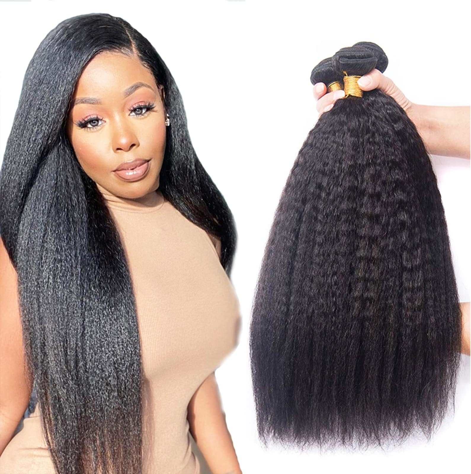 Yaki Straight Hair Bundles Human Hair 3 Bundles Natural Black 20 22 24 Inch Brazilian Virgin Kinky Straight Human Hair Weave 100% Unprocessed Remy Hair Extensions