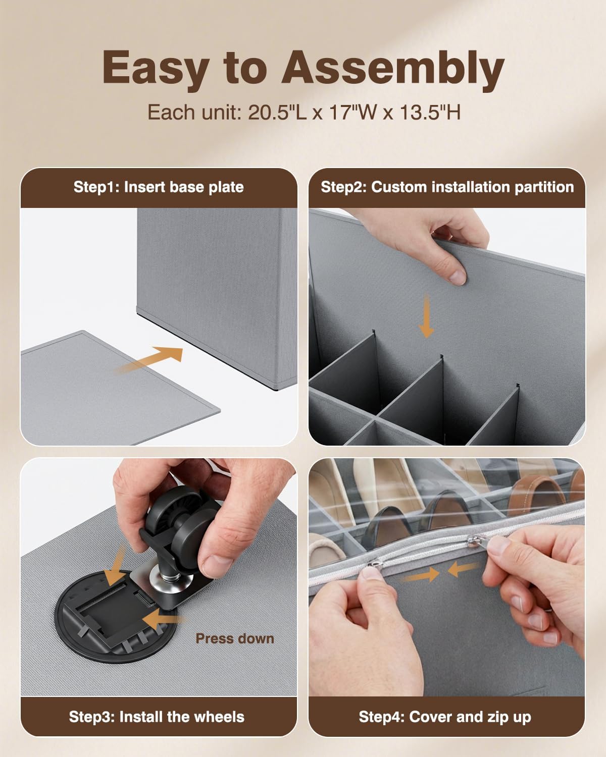 HOUSE AGAIN Shoe Organizer for Closet, 2 Pack Shoe Storage Organizer with Wheels, Foldable Shoe Storage Box with Adjustable Dividers and Clear Cover, Reinforced Handles, Fits up to 16-32 Pairs, Gray