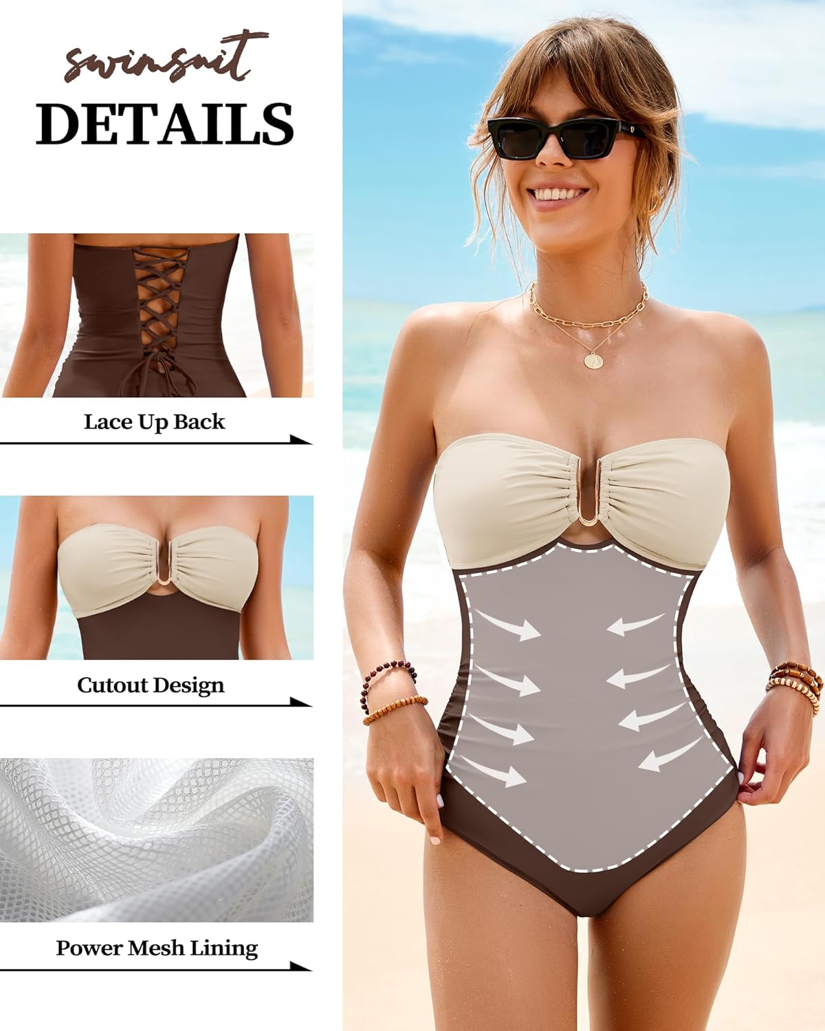 Jolefille One Piece Swimsuit Women Tummy Control Bathing Suit Bandeau Strapless Swim Suits Lace Up Slimming Halter Shapewear