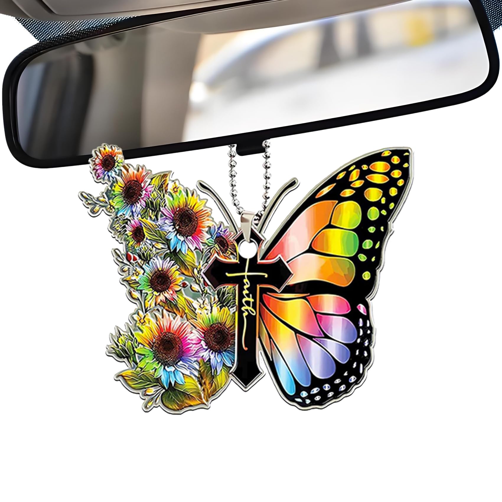 RGOAANC Butterfly Car Hanging Ornament, Butterfly Car Accessories, Cute Car Rear View Mirror Charm, Car Christian Cross Rearview Mirror Hanging
