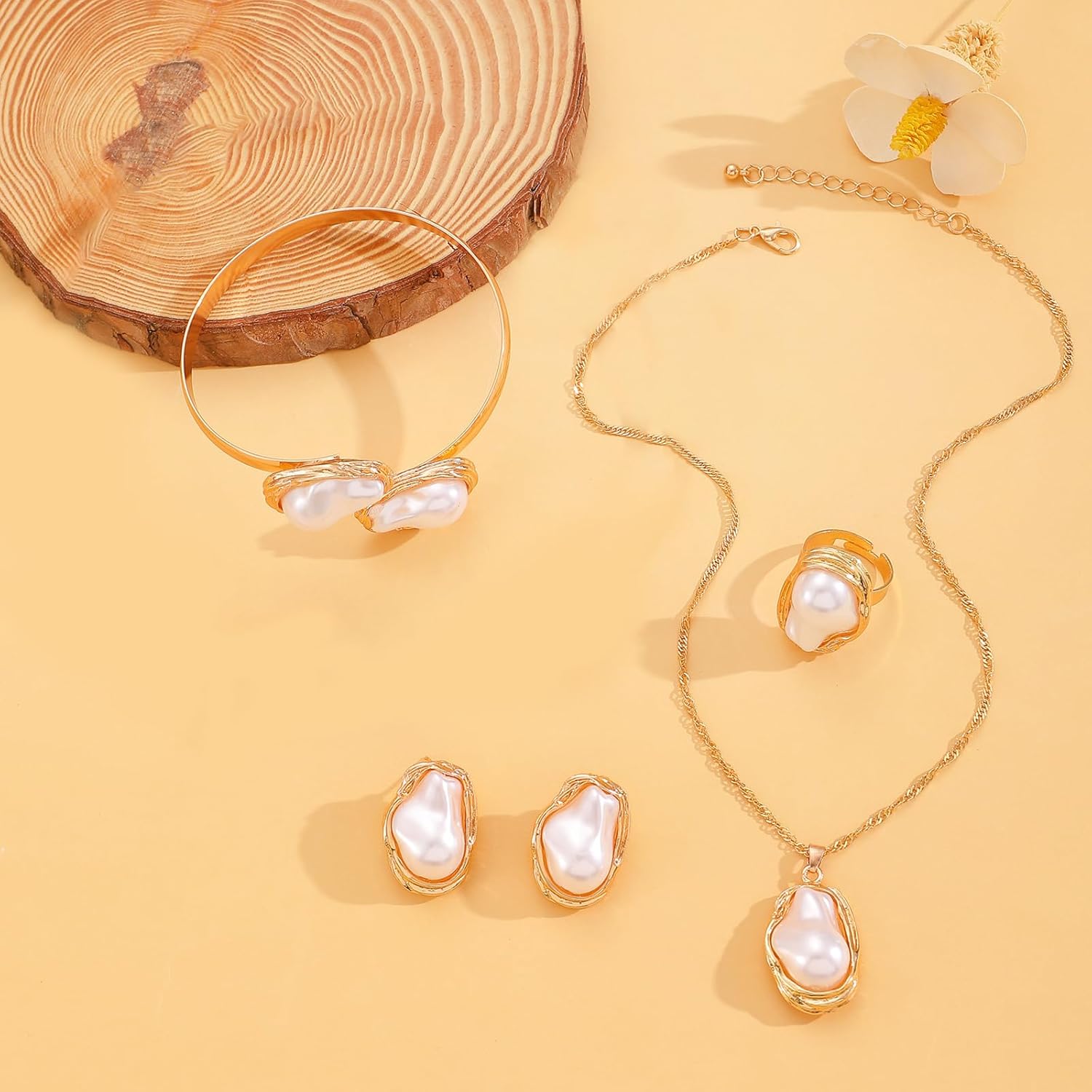 Baroque Pearl Necklace Earrings Bracelet Ring Jewelry Set for Women Irregular Pearl 4Pcs Jewelry Set Chunky Gold Pearls Cuff Bracelet Wedding Prom Jewelry Sets Gift - Image 7