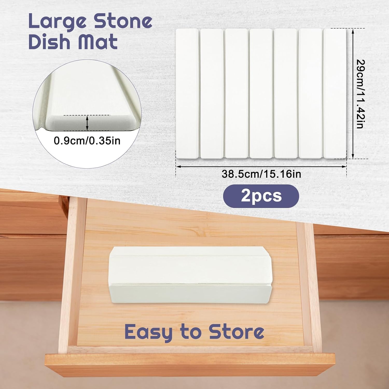 Lot de 2 tapis de séchage en pierre pour comptoir de cuisine, tapis de séchage à vaisselle pliables, séchage rapide et super absorbant, tapis en terre de diatomite pour égouttoir à vaisselle