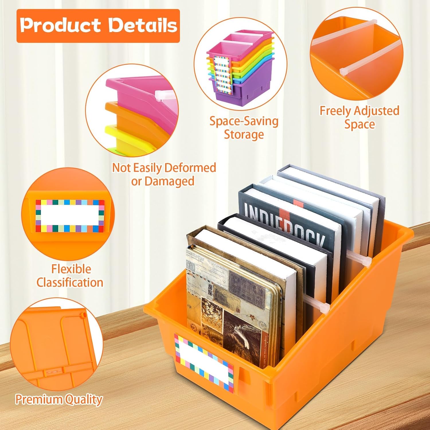 6 Pack Picture Book Bins with Dividers Plastic Book Holders with Labels Stackable Classroom Organization Bins Magazine File Binder Holder Storage Container for Library Home Office(Fluorescent Color) image 3