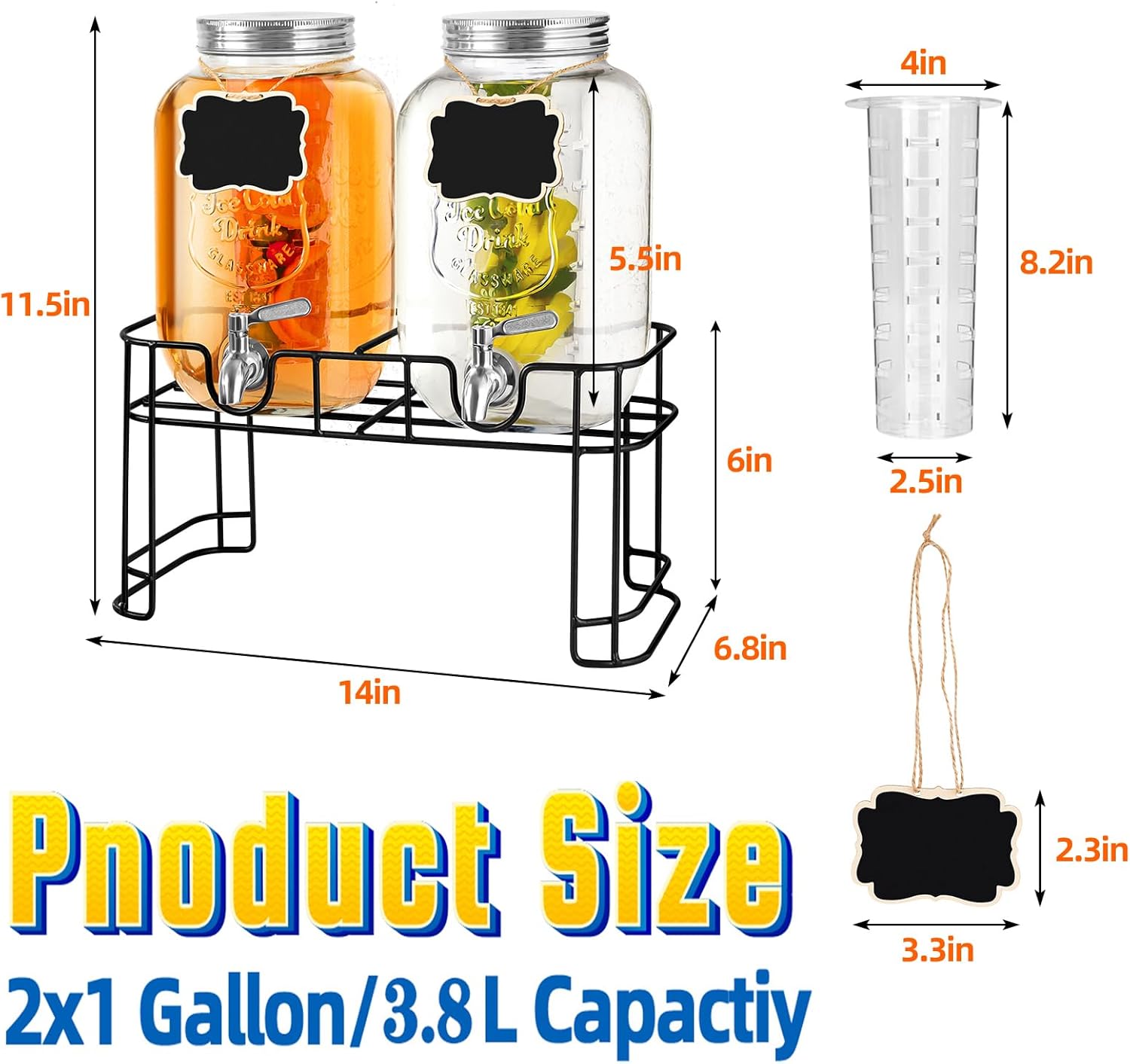 Drink Dispenser & Glass Water Dispenser, 2 Pack 1 Gallon Beverage Dispenser with Stand,with Ice Core,Stainless Steel Spigot and Lid 100% Leakproof.Glass Beverage Dispenser for BBQ,Picnic,Party - Image 2