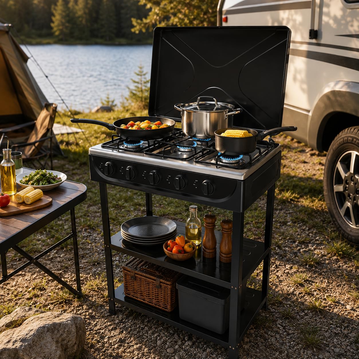 Barbecue a gas a 5 fuochi con coperchio, fornello a gas mobile per esterni, barbecue da campeggio con 2 ripiani e protezione antivento, potente barbecue a gas da tavolo da 12,5 kW, per balcone
