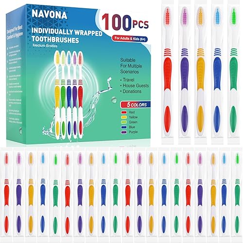 Navona 100 cepillos de dientes a granel envueltos individualmente, cepillo de dientes desechable manual colorido para adultos o niños, mango