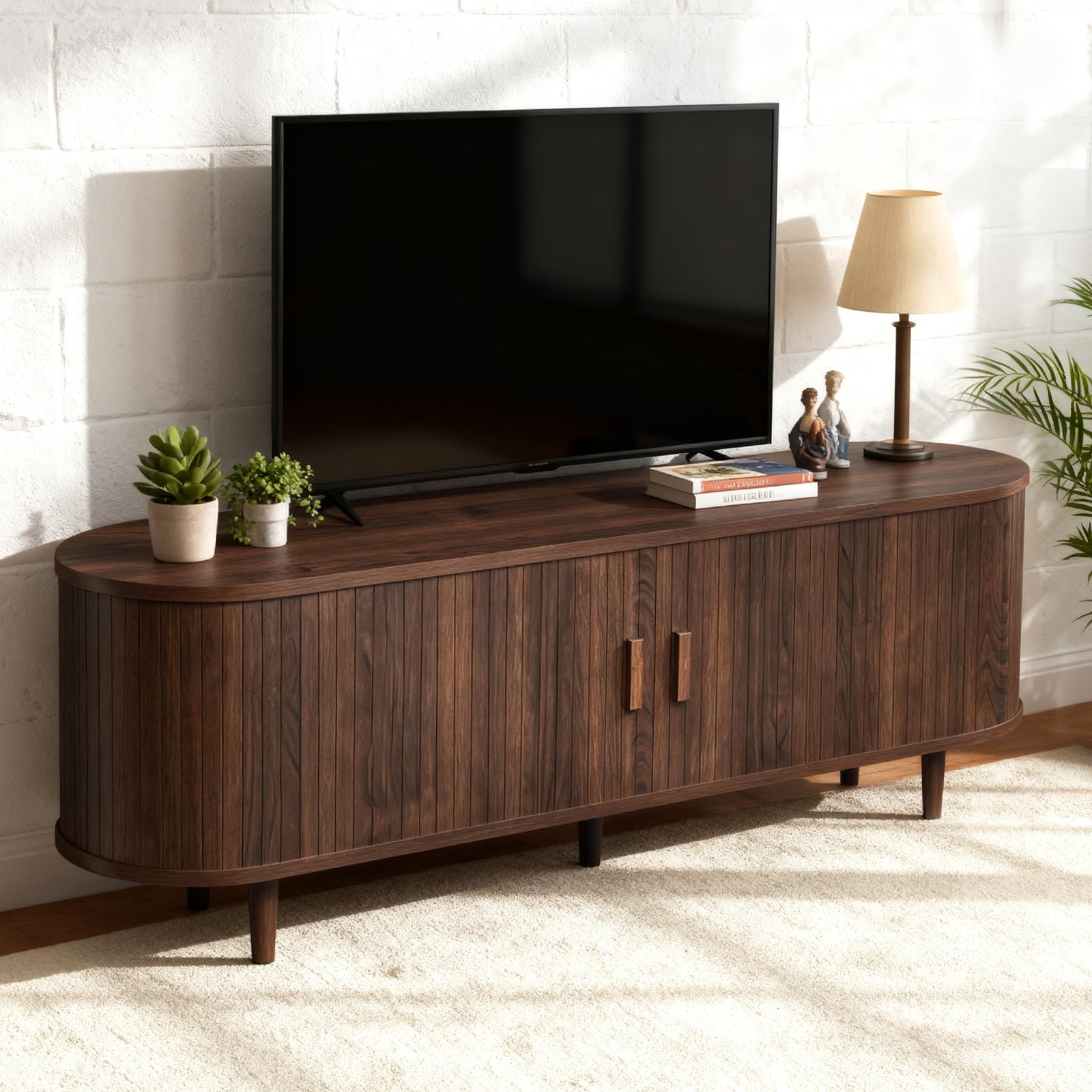 (similar) OneBlis 58" Mid Century Modern TV Stand, Wood TV Consoles with Sliding Doors and Power Outlet, Entertainment Center with Adjustable Shelves, Fluted TV Stands for Living Room, Walnut