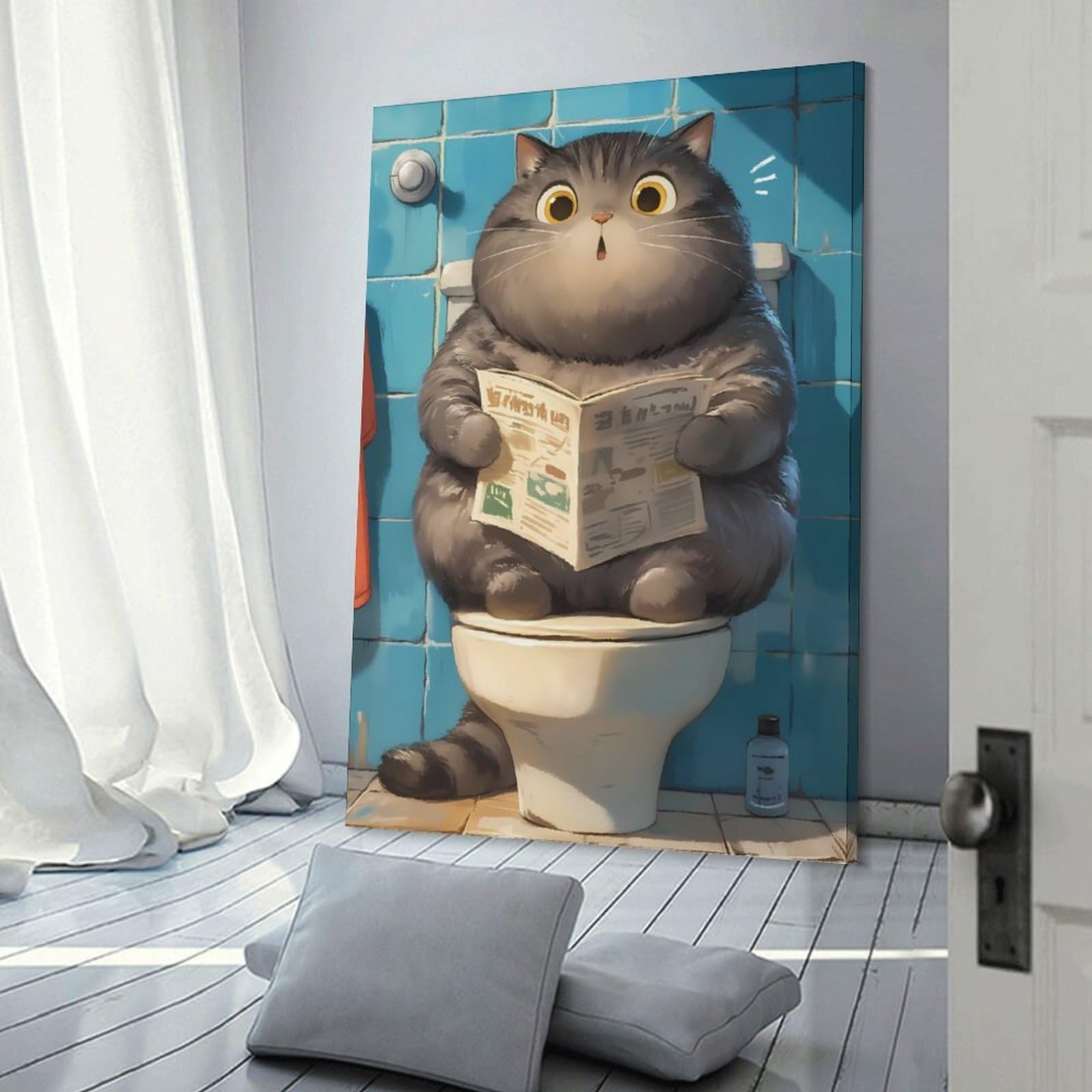Junmoney Wall Decor Canvas Print Funny Toilet Cat, 20x30inch(50x75cm), for Home Lounge, Bedroom Or Reading Nook, Canvas Styling for A Polished Room Look