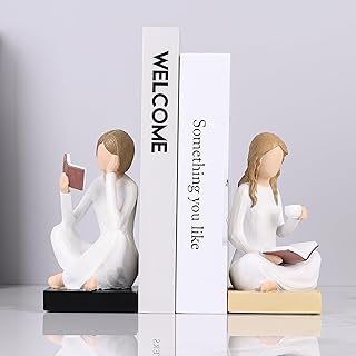 Unique Reading Figurine Book Ends - Book Lovers Gifts for Bookshelf Deco...