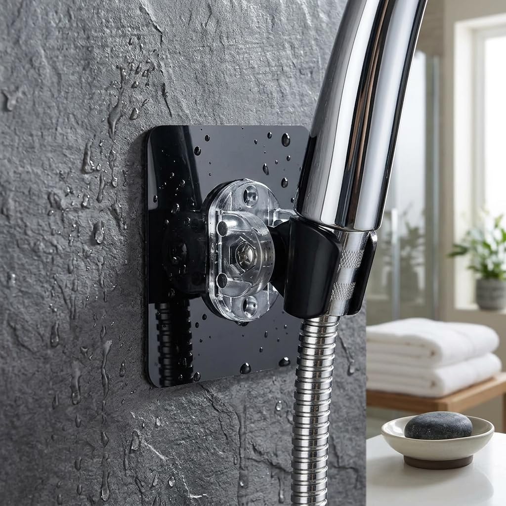 Vihax Adjustable Self Adhesive Shower Head Holder | Wall Mounted Handheld Shower Bracket | Drill-Free Showerhead Stand, Waterproof Bathroom Shower Holder | Punch-Free Bathroom Accessory, Black