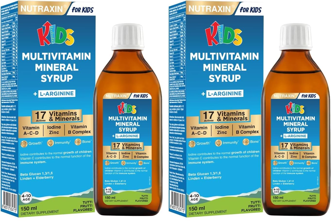 Nutraxin Kids Multivitamin Mineral Şurup 150 ml – 17 Vitamin ve Mineral, L-Arjinin, Kara Mürver, Beta Glukan, Çocuklar İçin Bağışıklık ve Gelişim Desteği (2 paketi)