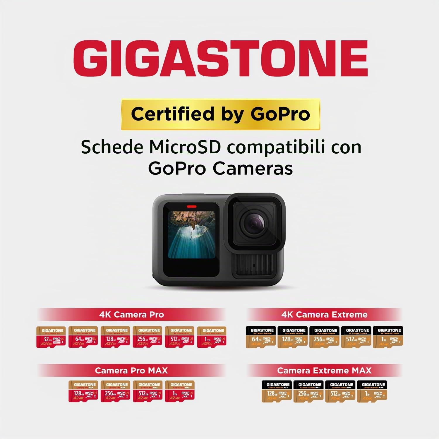 【Recupero dati gratuito per 5 anni】GIGASTONE 1TB Scheda di Memoria, Camera Extreme, Velocità fino a 160/130 MB/s, per Gopro, DJI, Insta360, 4K Video, UHS-I U3 A2 V30 C10 Micro SDXC con Adattatore
