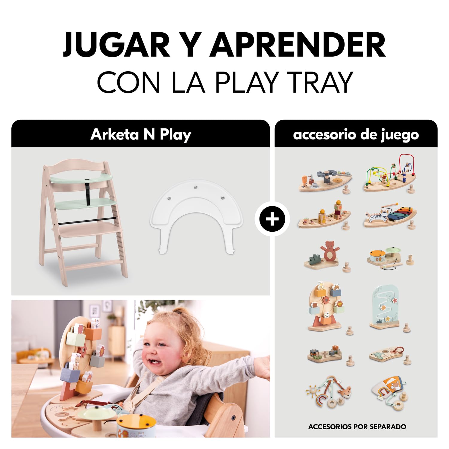 hauck Arketa N Play Trona de Bebé de Madera FSC®, Whitewashed Mint | Altura Ajustable 13 Posiciones, Incluye Bandeja Play Tray, Cinturón y Barra Delantera, Desde 6 Meses hasta 130 kg