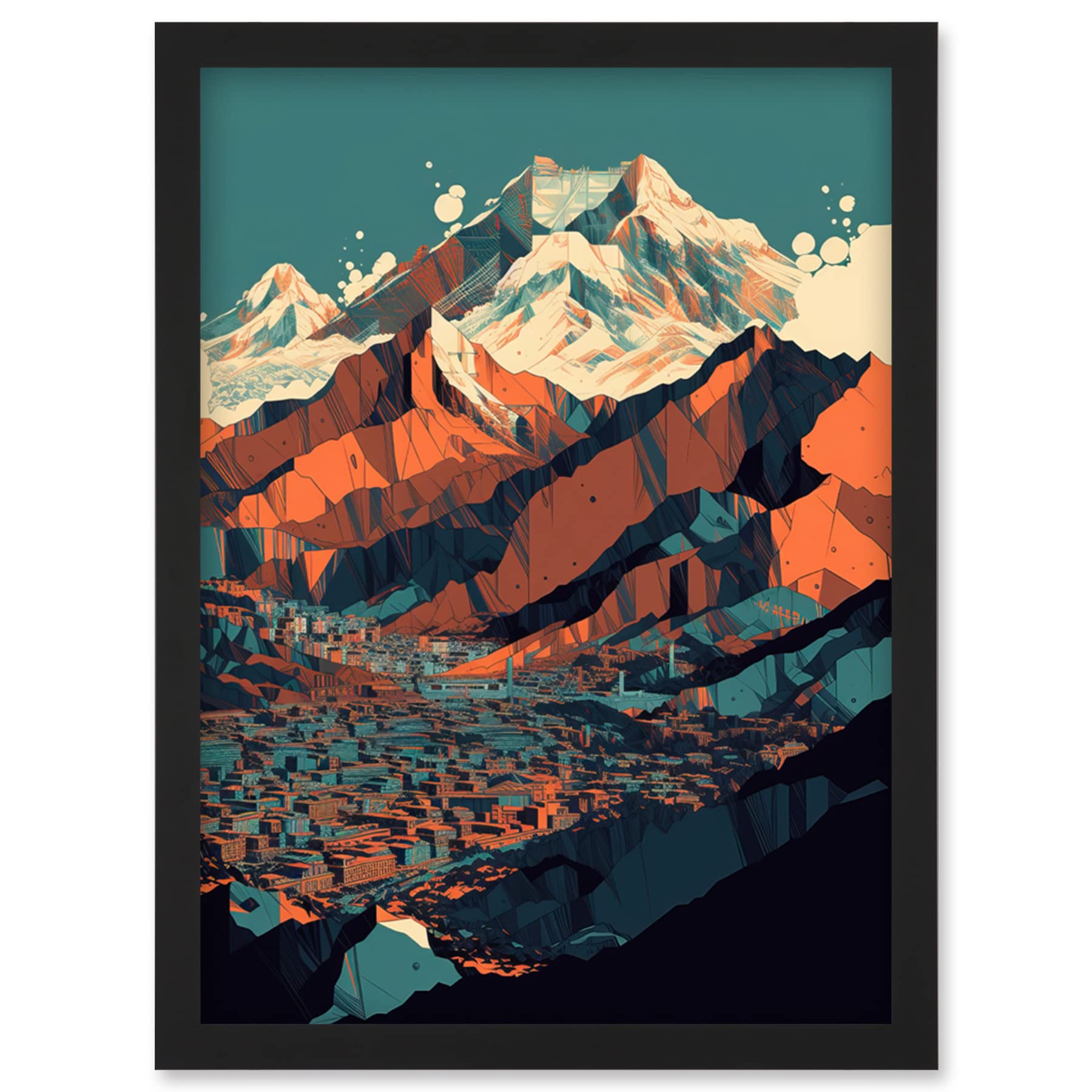 Artery8 Modern City Surrounded by Tall Mountains Landscape Artwork Framed Wall Art Print A4
