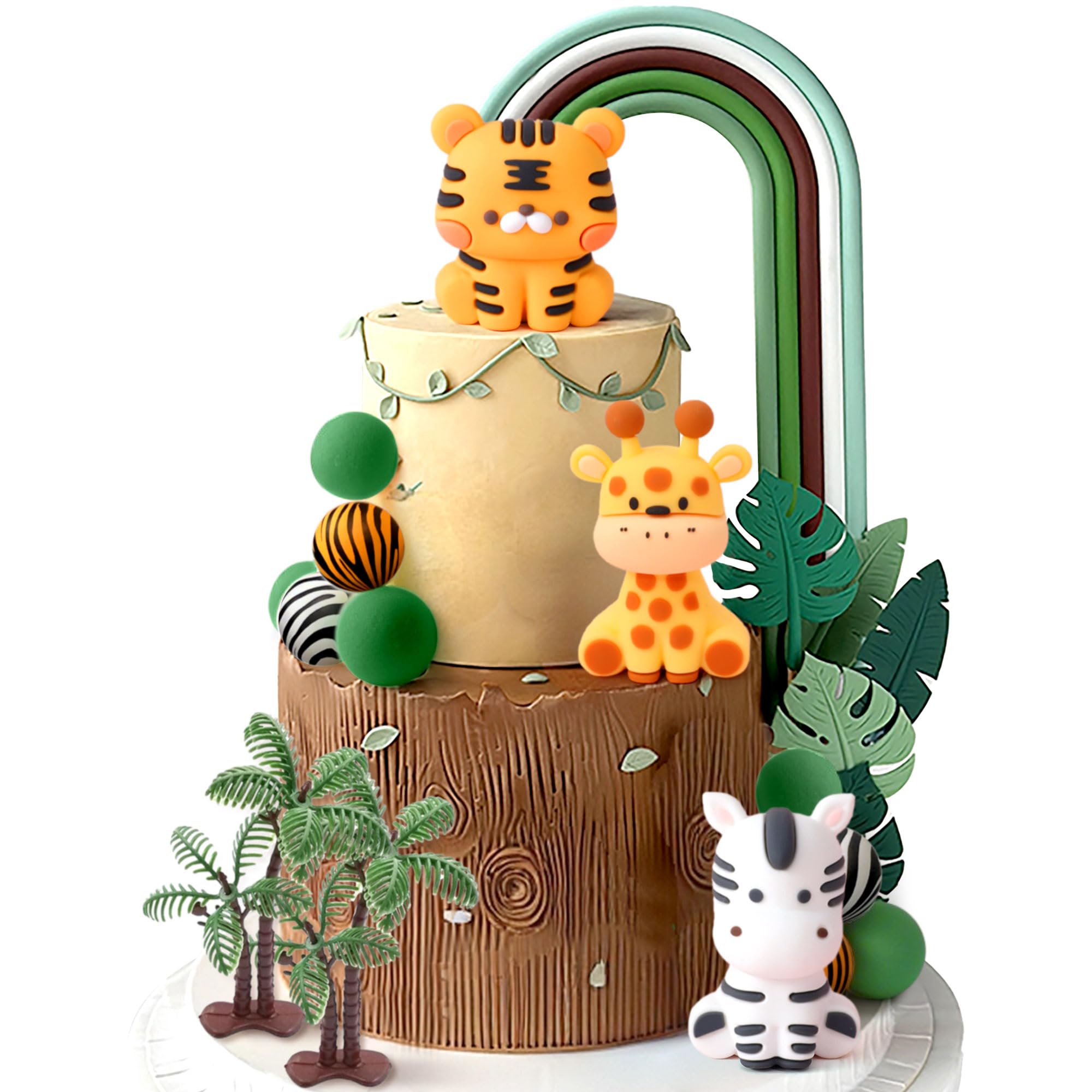 JeVenis Safari Baby Shower Cake Decoration: 3 x Jungle Animal Cake Toppers, 2 x Trees, 9 x Balls