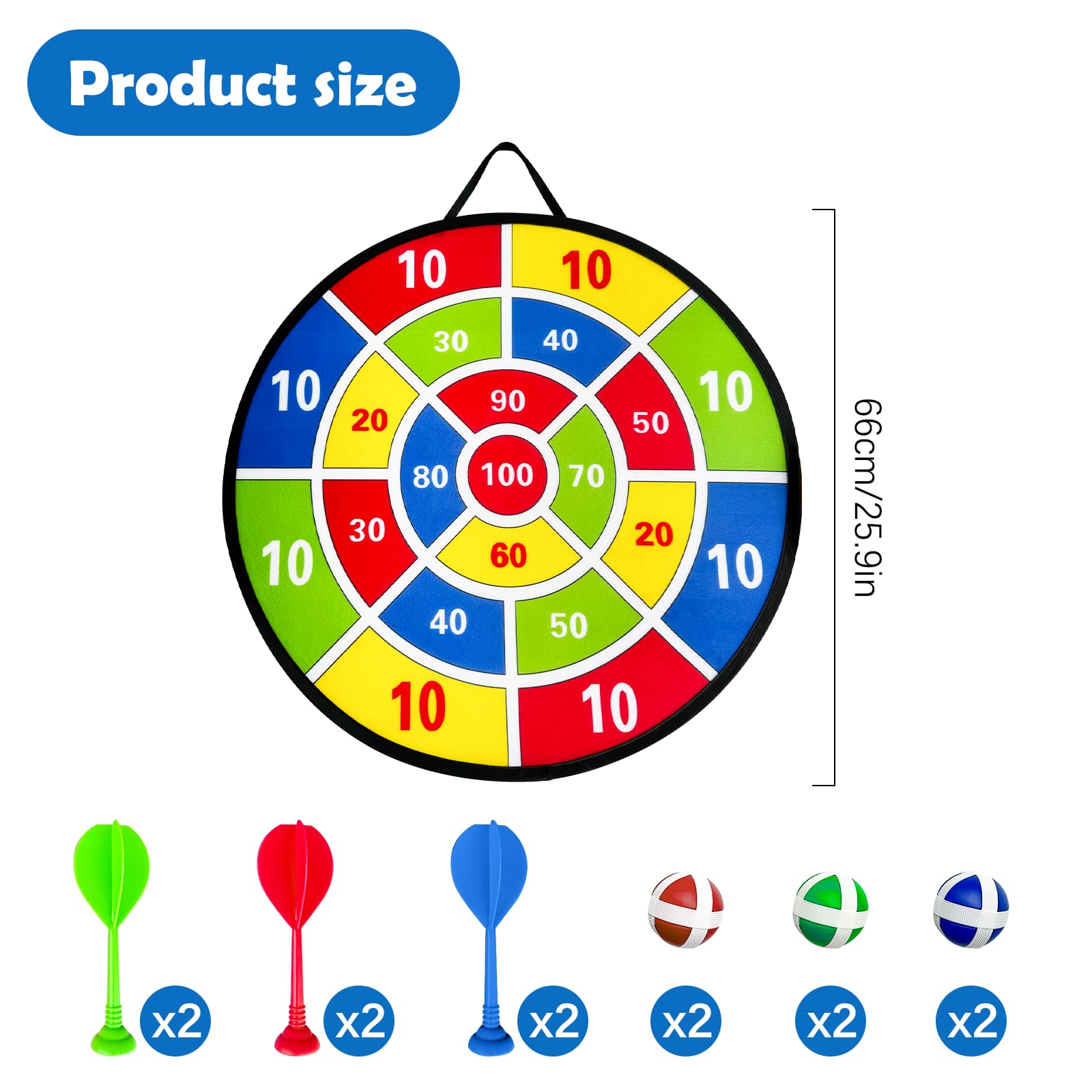 YJSDDNTY 26"/66cm Diana de Dardos para niños, Tablero de Dardos de un Solo Lado,Regalos para Fiestas de diversión Deportiva en Interiores/Exteriores para niños 3-12 niños y niñas de 10 años - 2