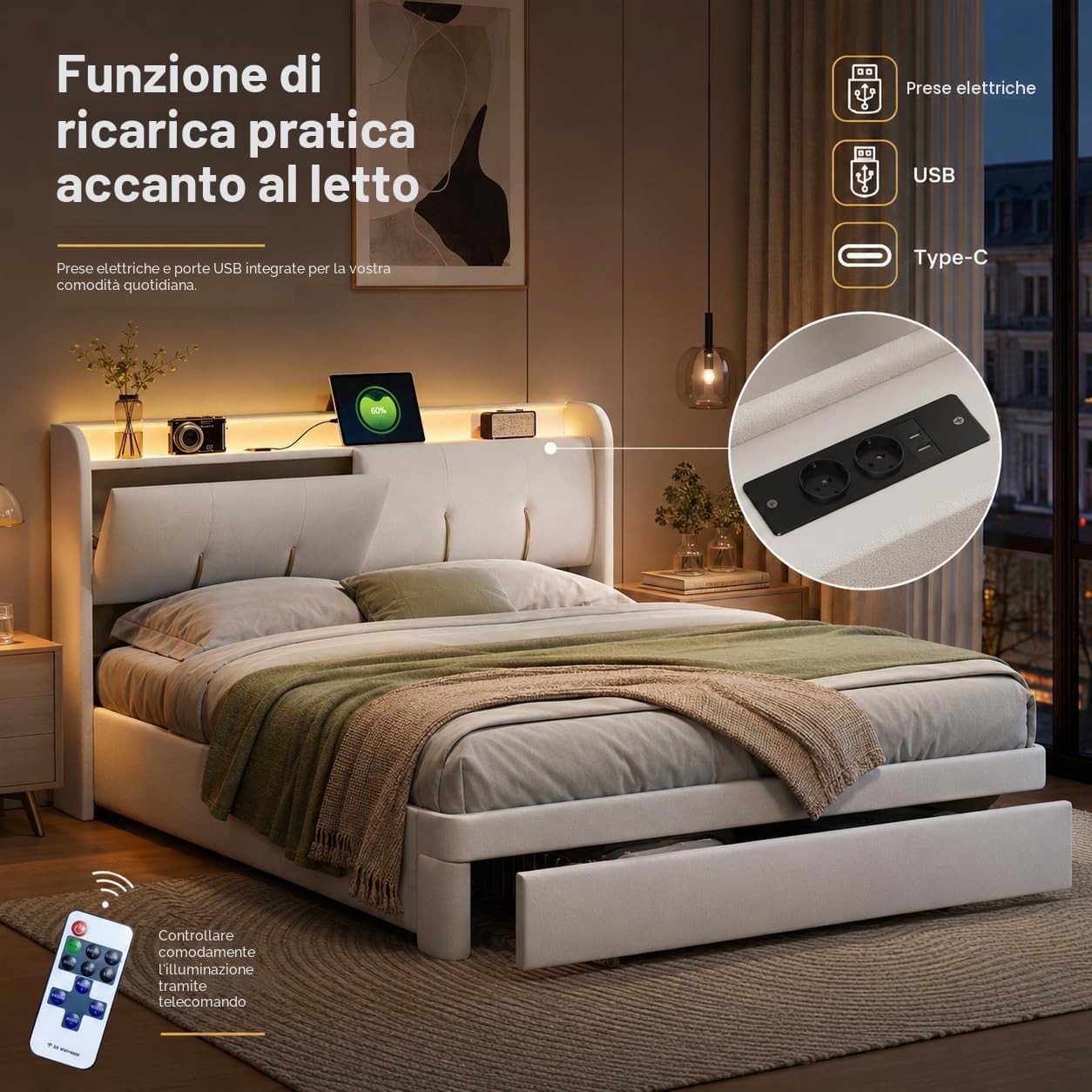 CDQL Letto matrimoniale 160 x 200 cm con vano contenitore pneumatico, Letto contenitore con 1 cassetto, porta USB e luci LED, rivestito in velluto beige