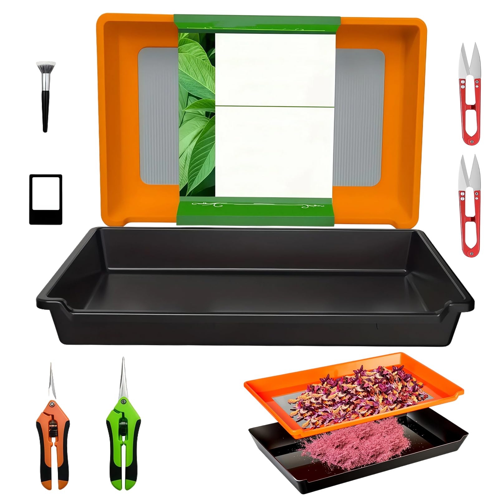 Trimming Tray, Ensemble de Bac de Tri, Bac de Tri pour Pollen et Herbes avec Tamis à Mailles Fines de 150 Microns, Ciseaux, Loupe et Brosse (Orange)