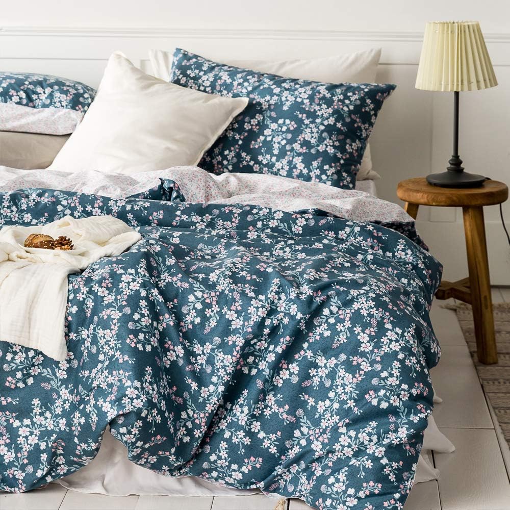 VCLIFE 100% Cotton Bedding Sets Blue Duvet Cover Sets - Reversible Flower Branch Printing for Kid Teen Adults, Full/Queen, Zipper Closure 4 Corner Ties