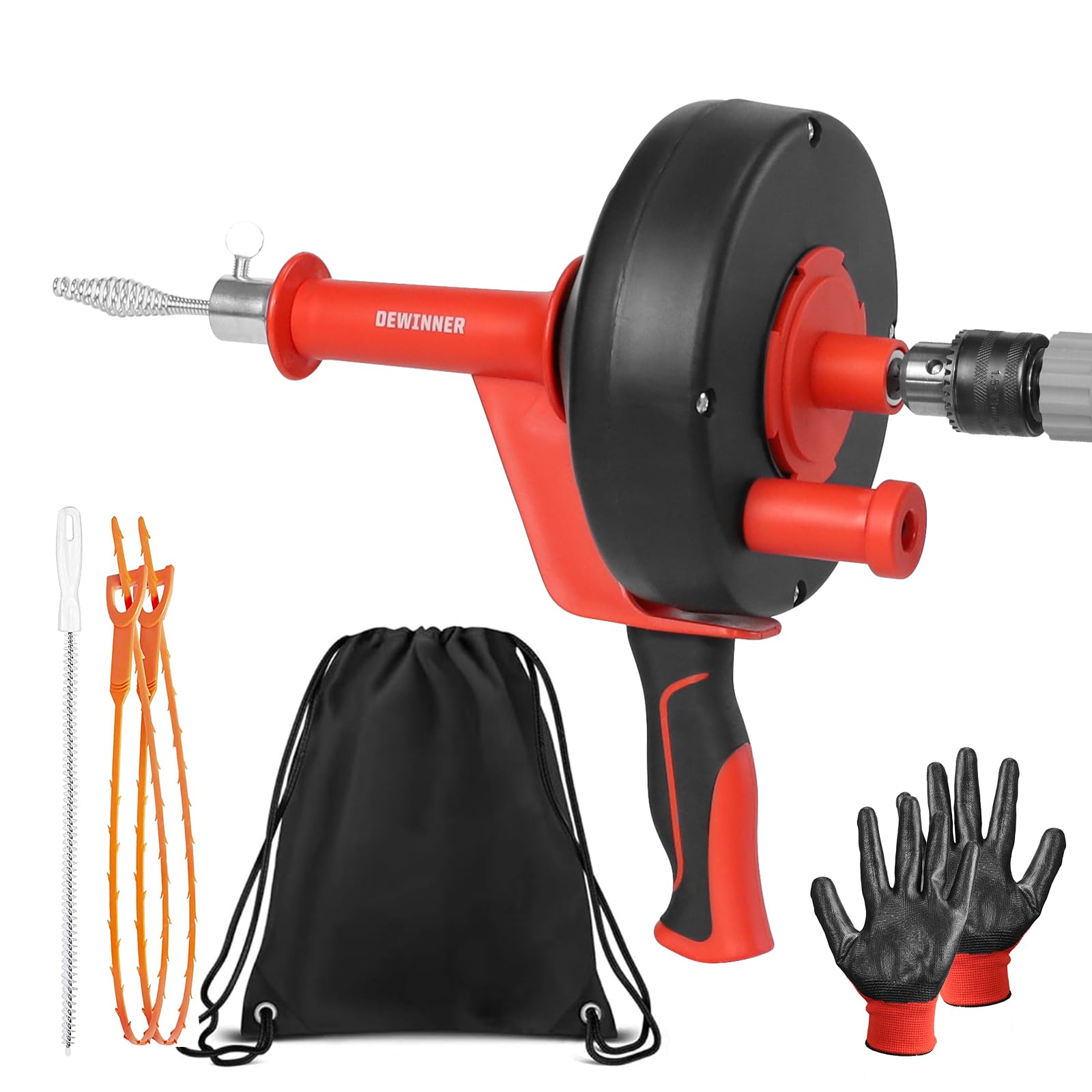 DEWINNER 33FT Drain Snake with Drill Attachment, Drain Unblocker Tool Kit with 2X Drain Hair Remover, 1x Cleaning Brush & Gloves for Sink and Drain Unblocking, Drain Unblocker Tool for Real DYIs!